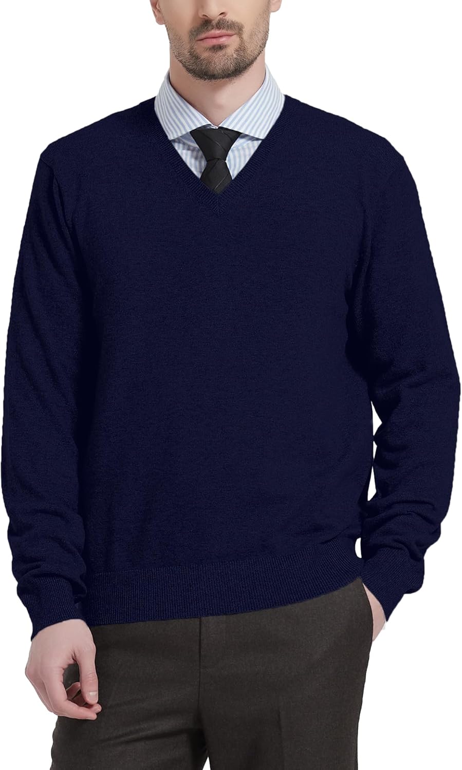 Kallspin Men's Wool Blend V-Neck Sweater for Fall Winter Wear