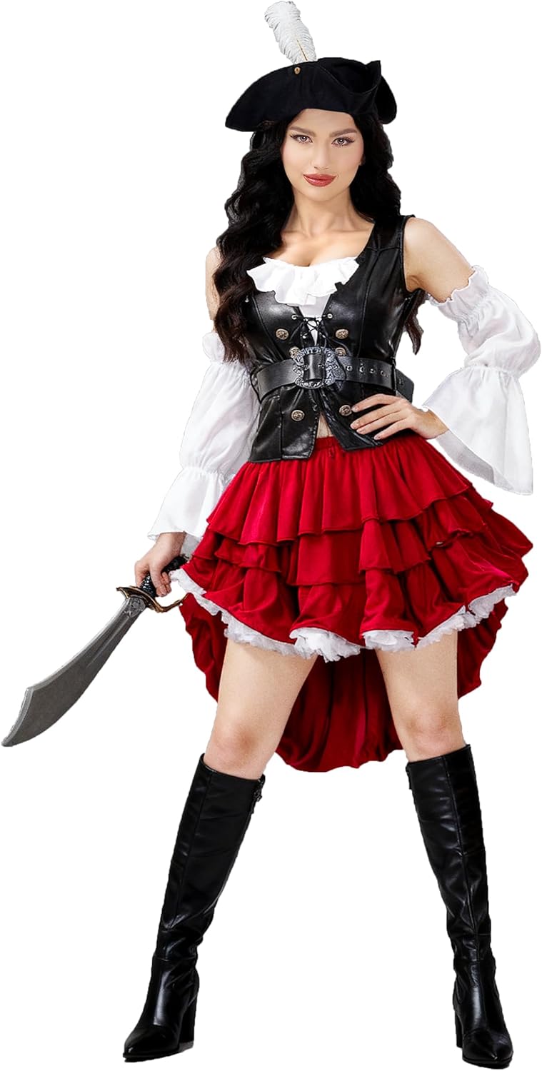 Funna Pirate Costume for Women - 5 Piece Outfit with Hat