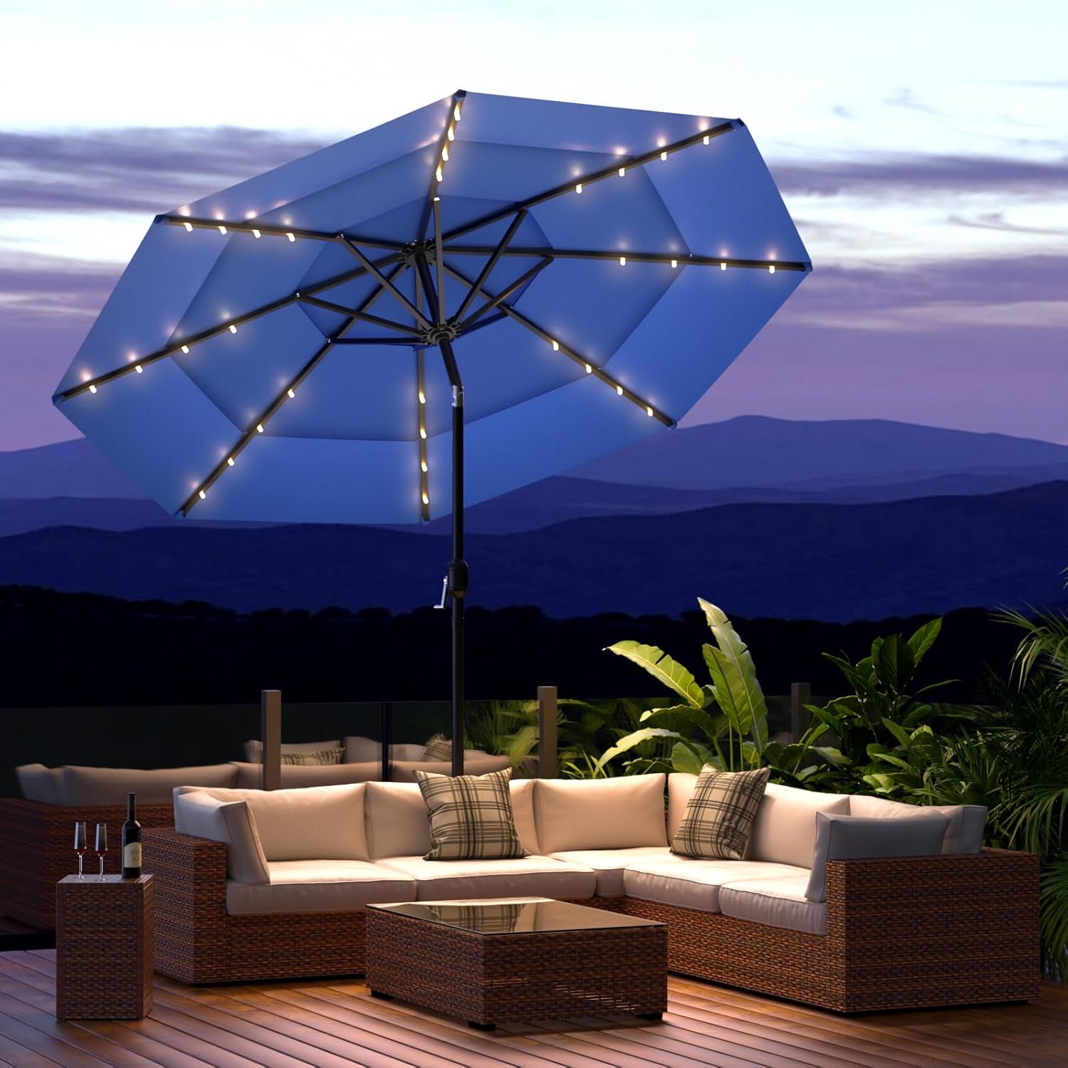 9FT 3 Tiers LED Patio Umbrella with Solar Lights for Outdoors