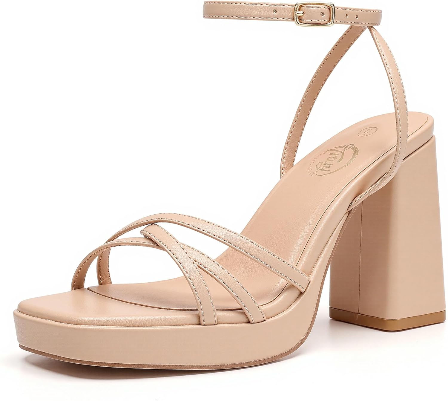 Trary Gold & White Heels - Strappy Square Toe Platform Shoes