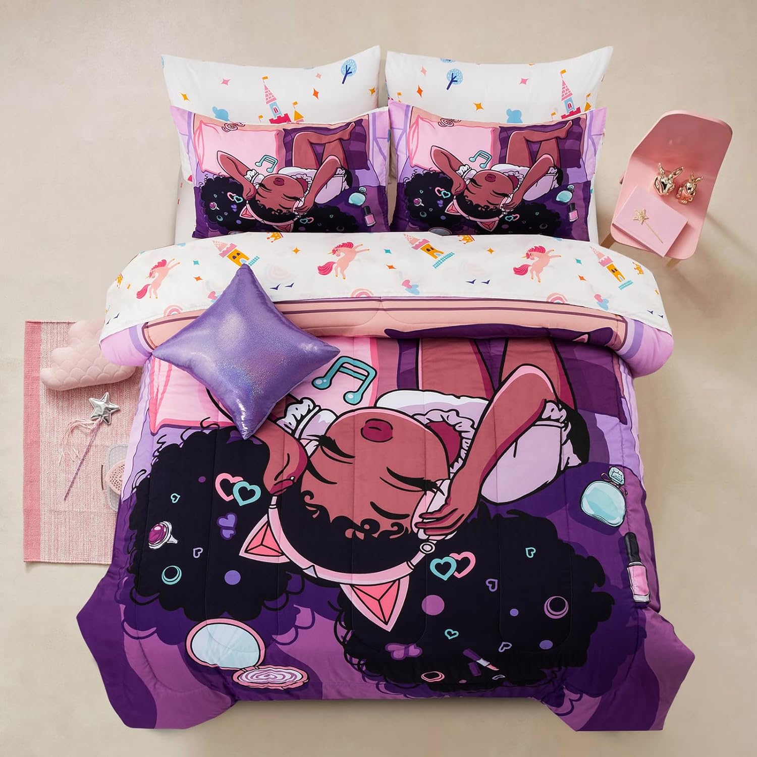 Purple Comforter Set for Kids with Black Girl Music Design