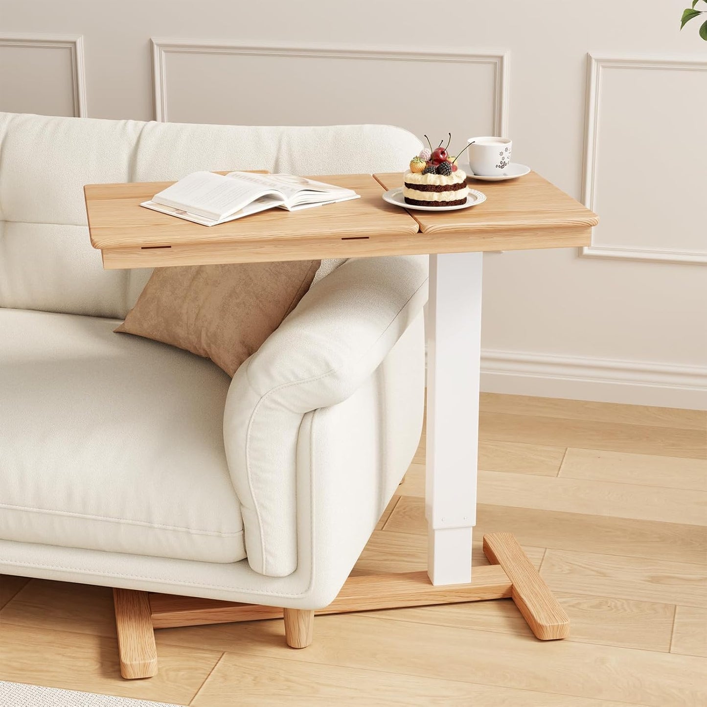 Solid Wood Overbed Bedside Table with Wheels for Home Use