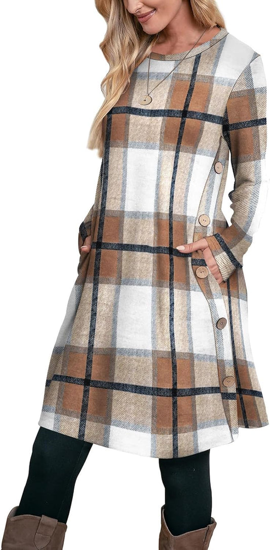 OFEEFAN Long Sleeve Dress for Women with Pockets and Buttons