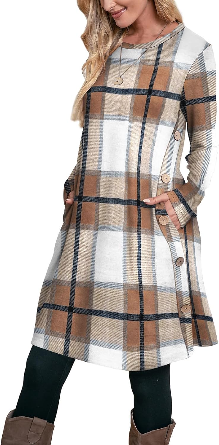 OFEEFAN Long Sleeve Dress for Women with Pockets and Buttons