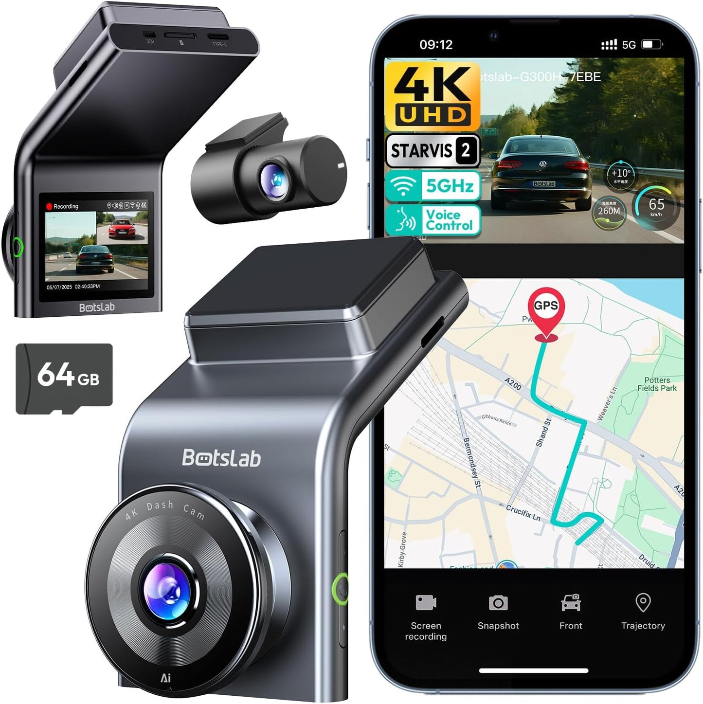 BOTSLAB 4K Dash Cam Front and Rear with Voice Control Features