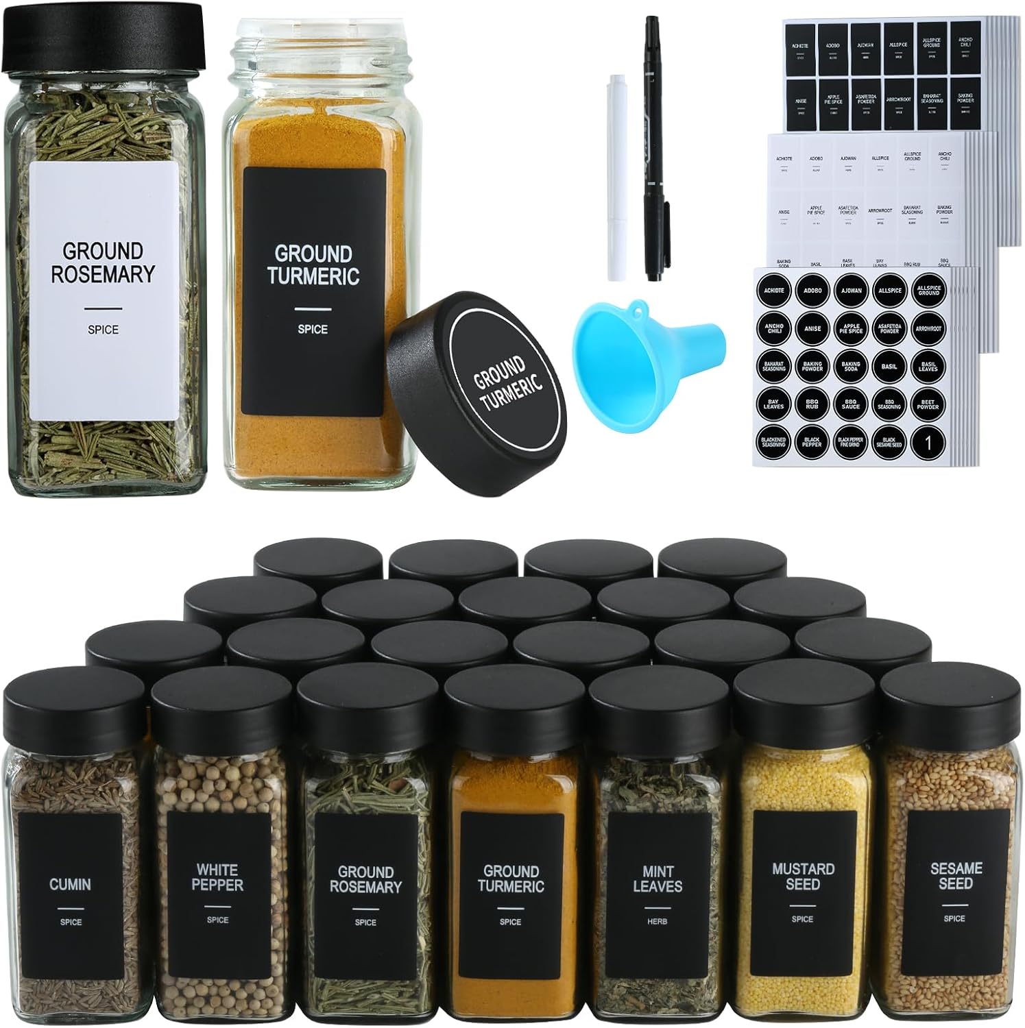 48 Glass Spice Jars with Labels for Kitchen Organization