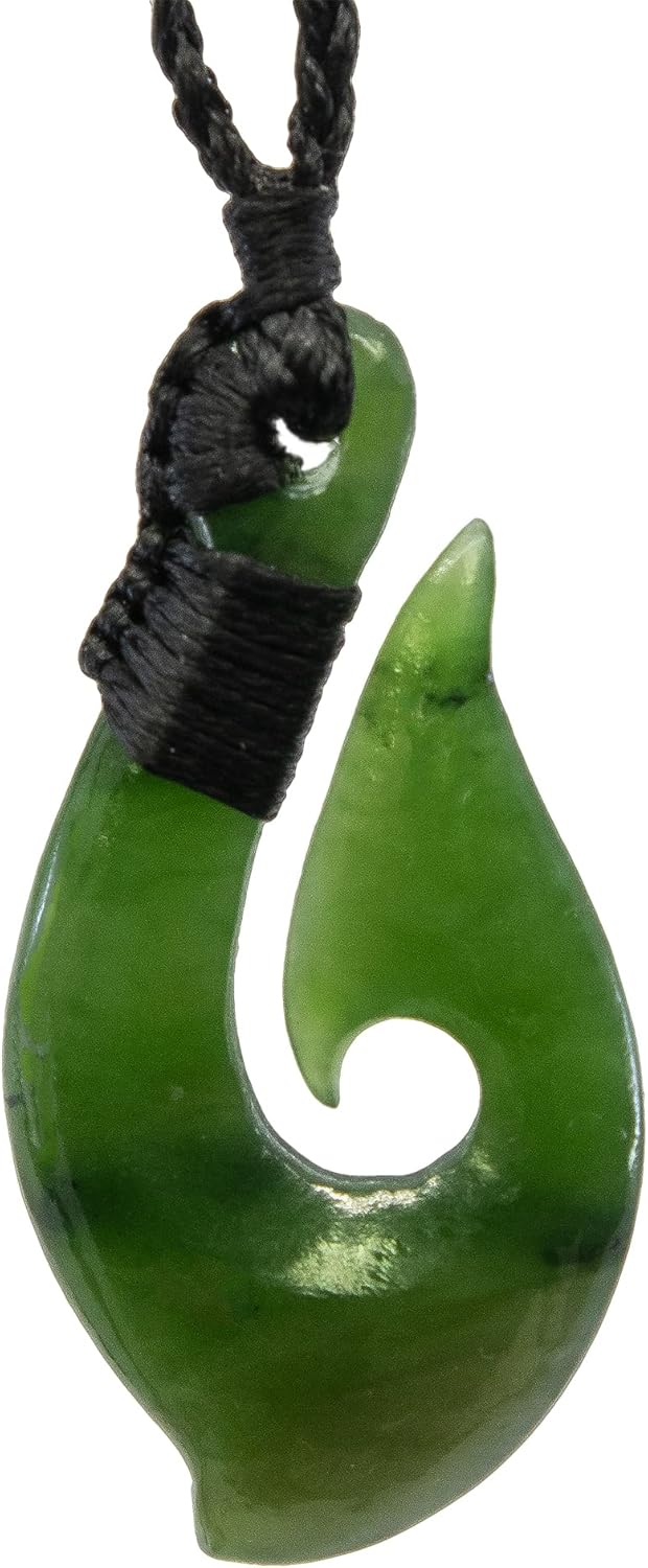 Nephrite Jade Fish Hook Necklace: Hand Carved Good Luck Charm