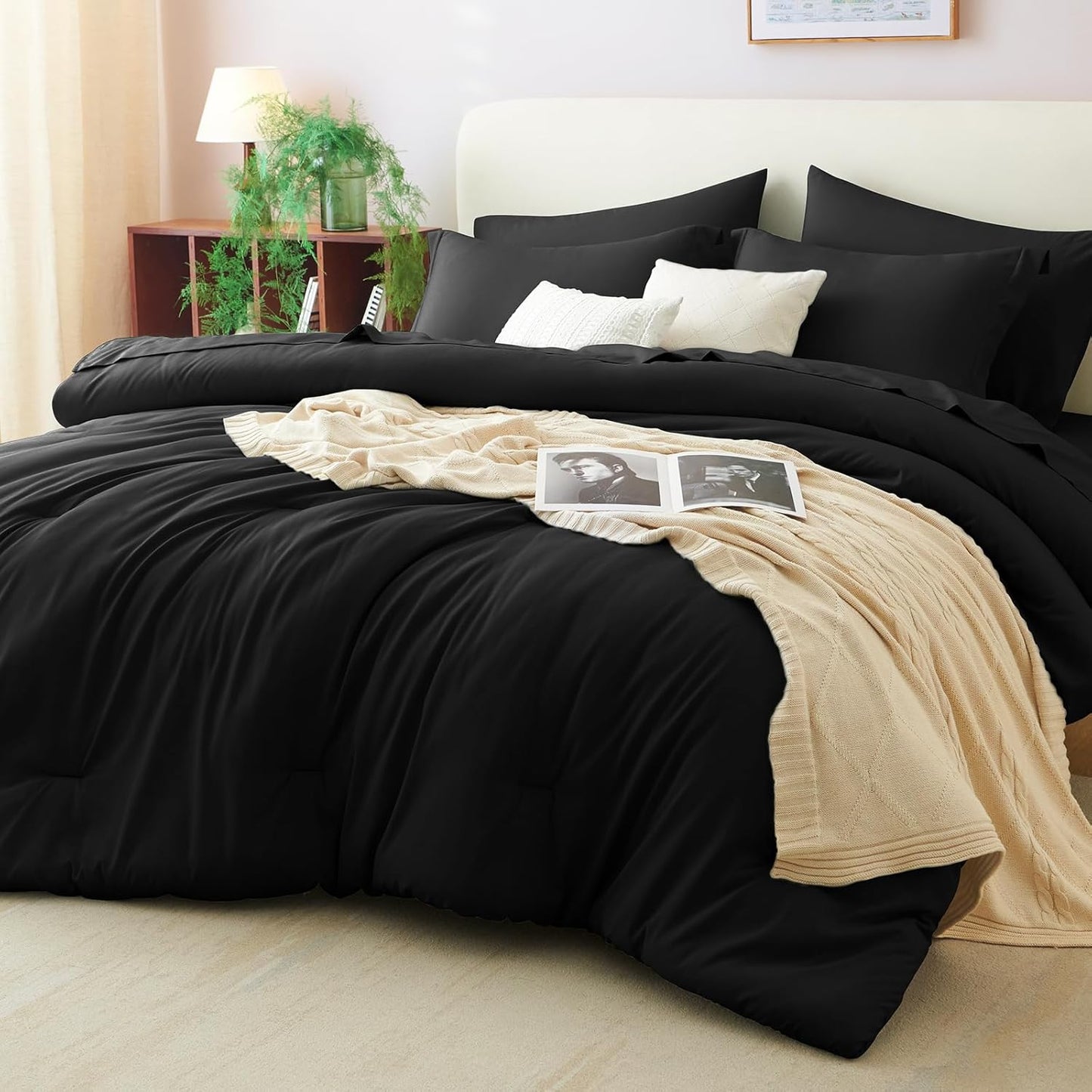 CozyLux Queen Comforter Set Black - 7 Pieces Bed in a Bag
