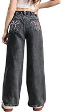 WDIRARA Girl's Bow Print High Waist Wide Leg Denim Pants - Cute