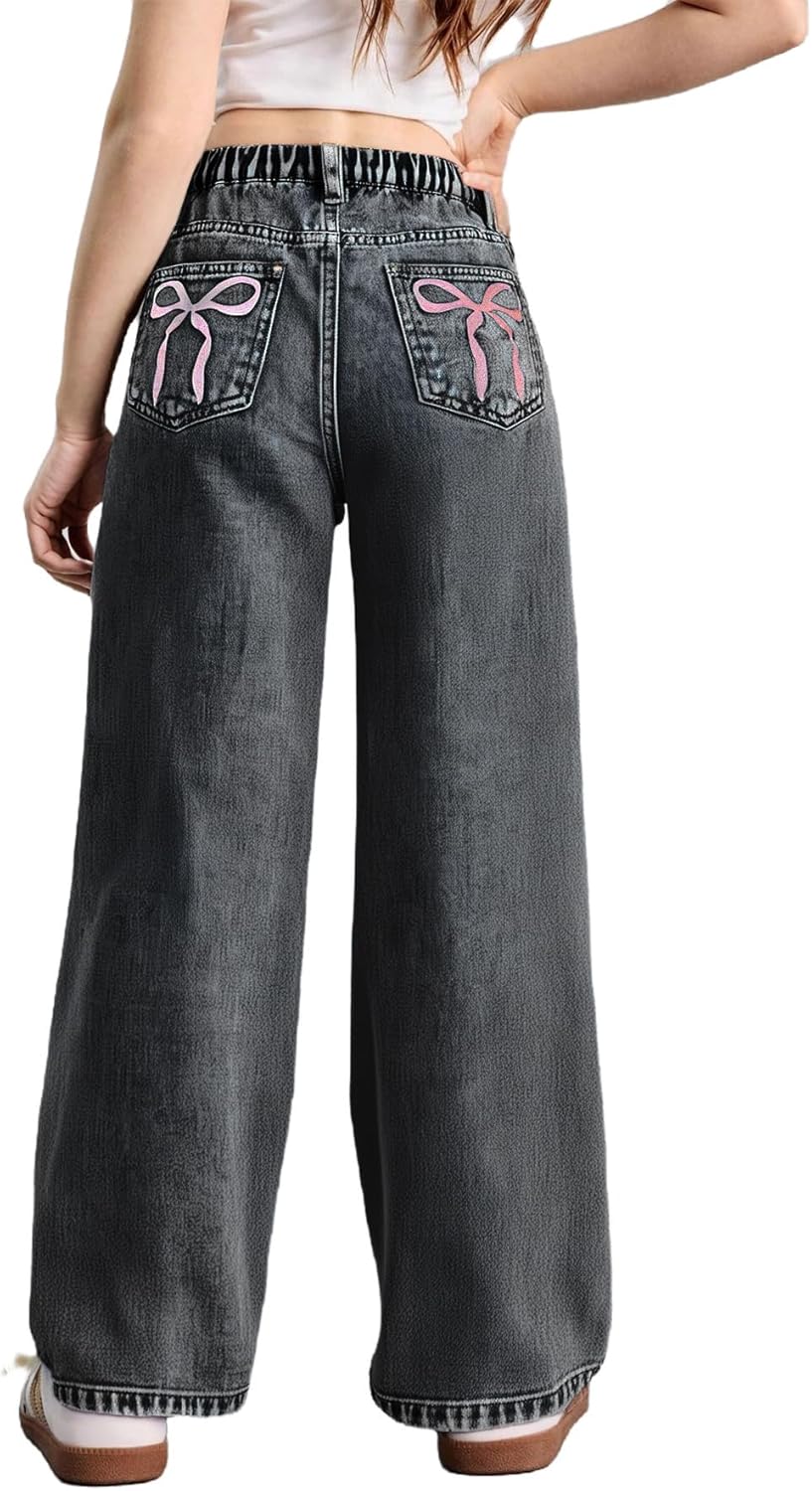 WDIRARA Girl's Bow Print High Waist Denim Pants for Stylish Look