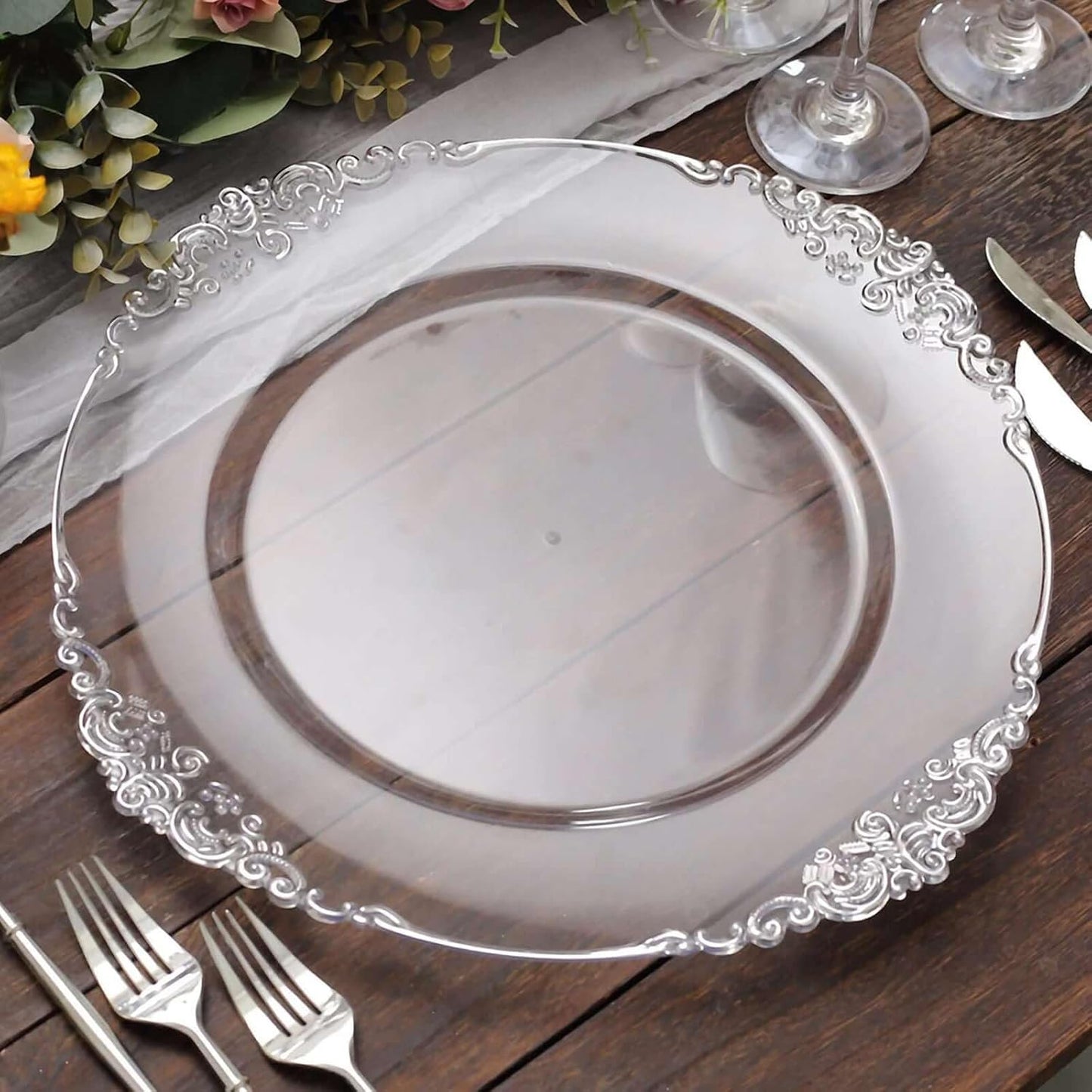 13in Clear Silver Charger Plates Set of 12 for Elegant Dining