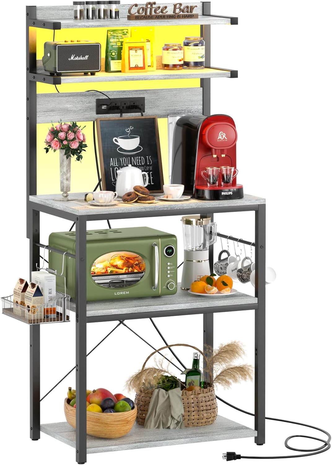 Aheaplus 5-Tier Kitchen Rack with Power Outlet & LED Lights