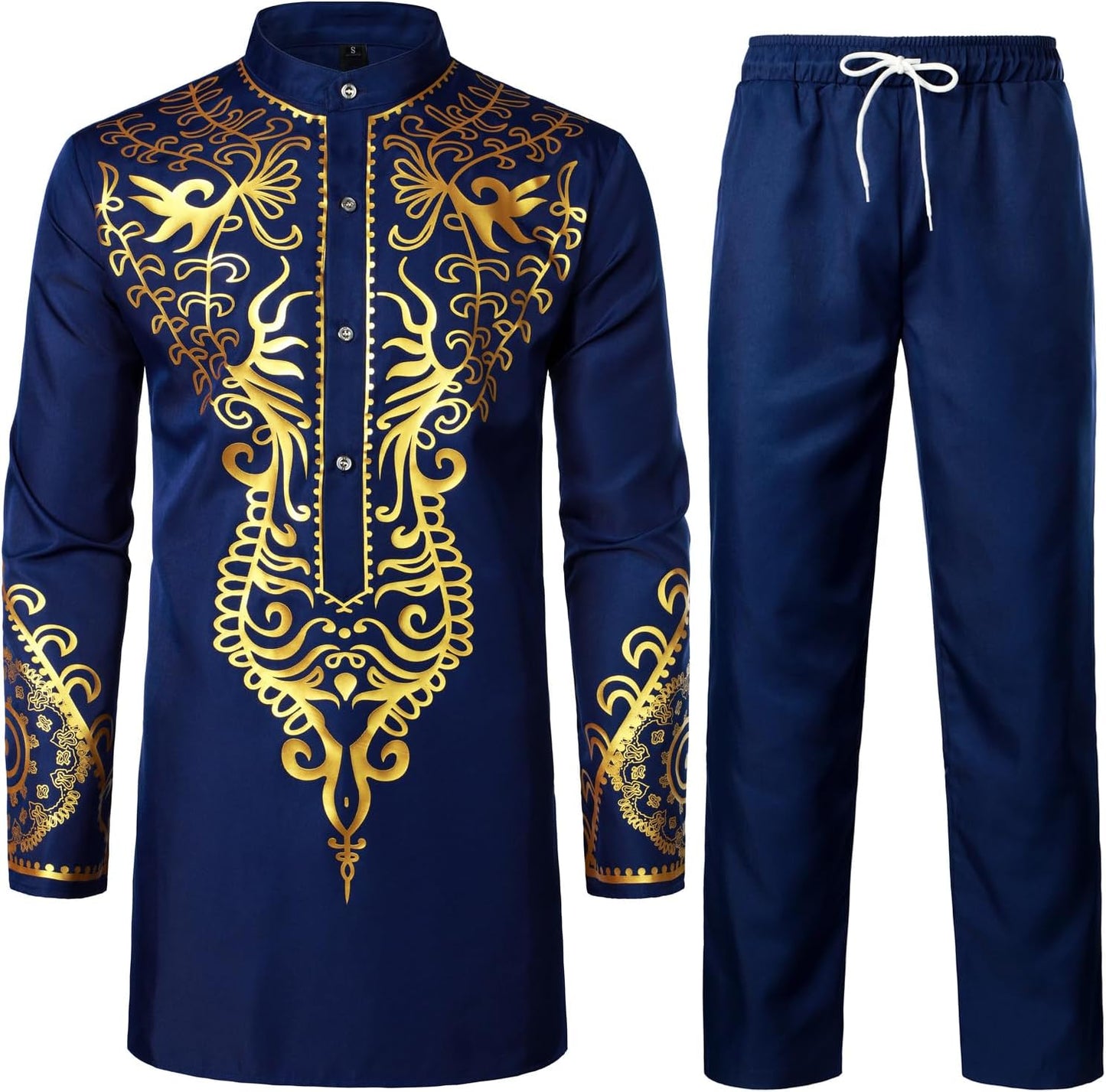 ZEROYAA Men's Africa Suit Long Sleeve Print Dashiki Outfit Set