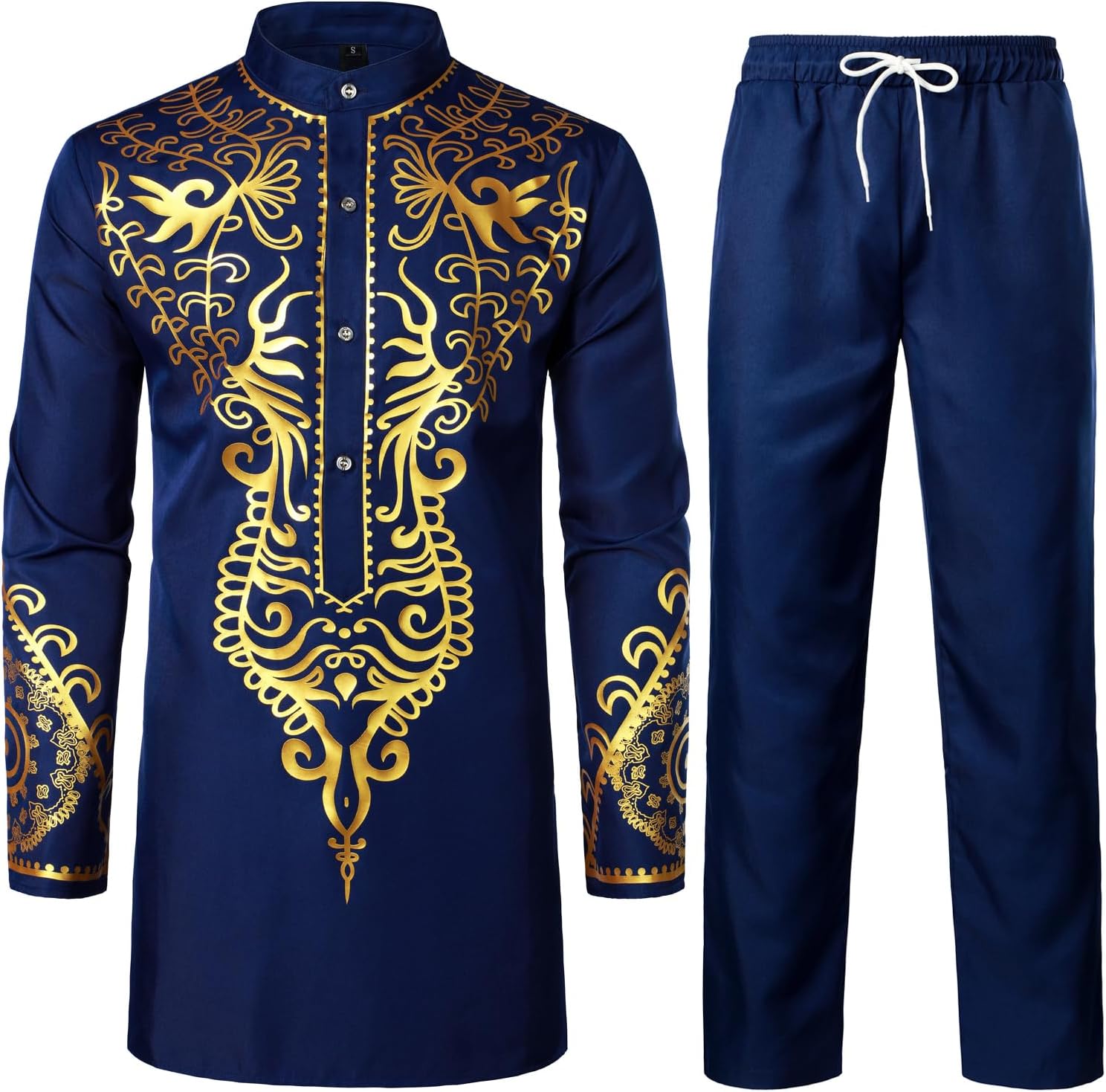 ZEROYAA Men's Africa Suit Long Sleeve Print Dashiki Outfit Set