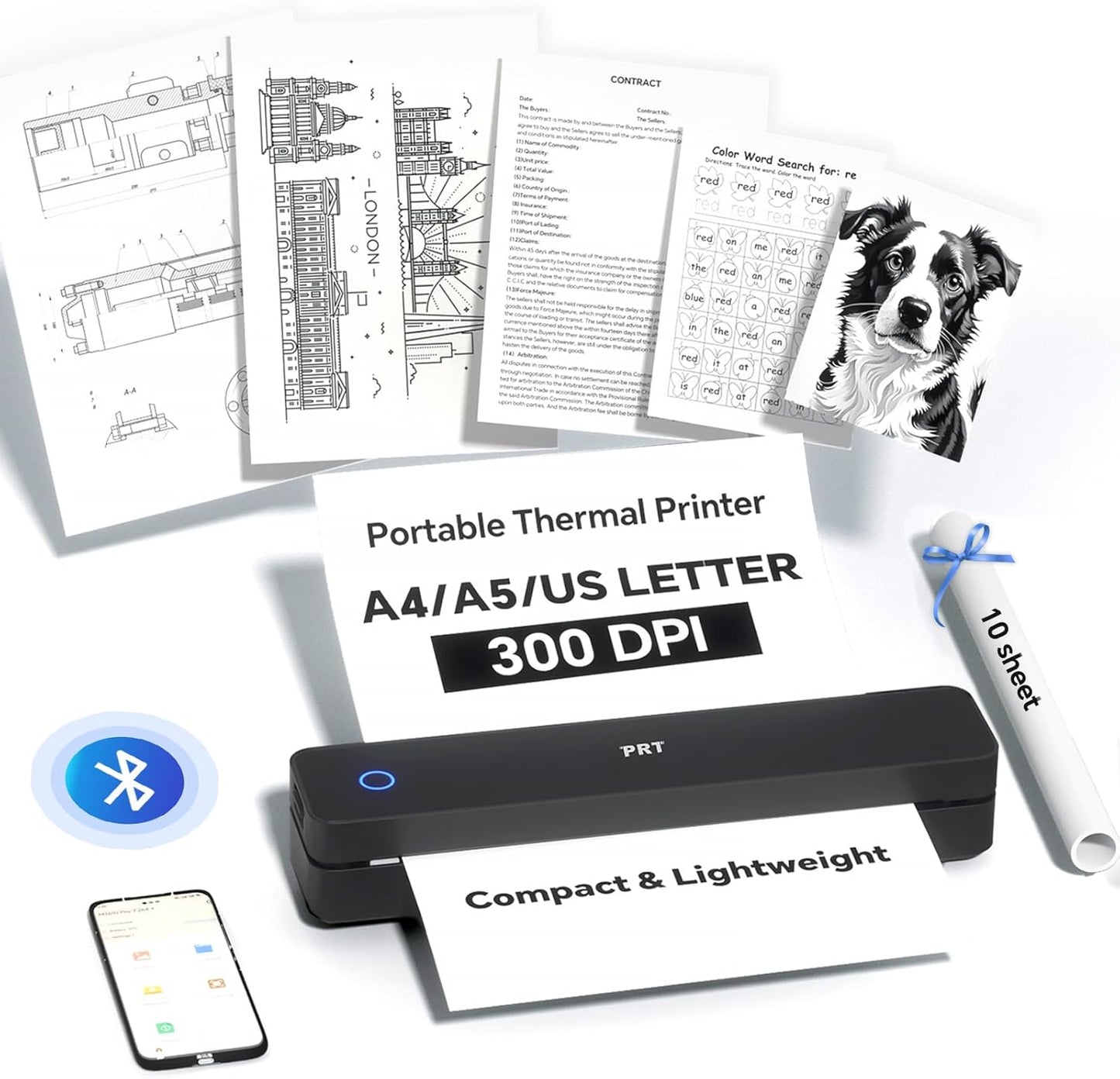 Wireless Thermal Printer for Travel & Office, Inkless, Portable