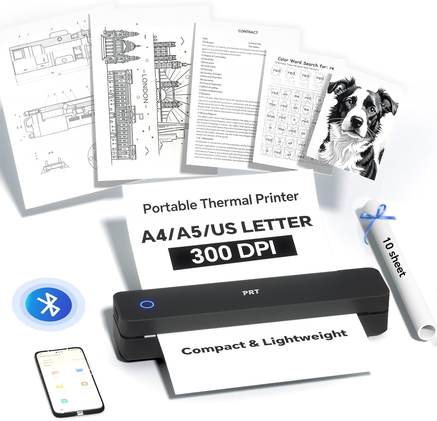 Wireless Thermal Printer for Travel & Office, Inkless, Portable