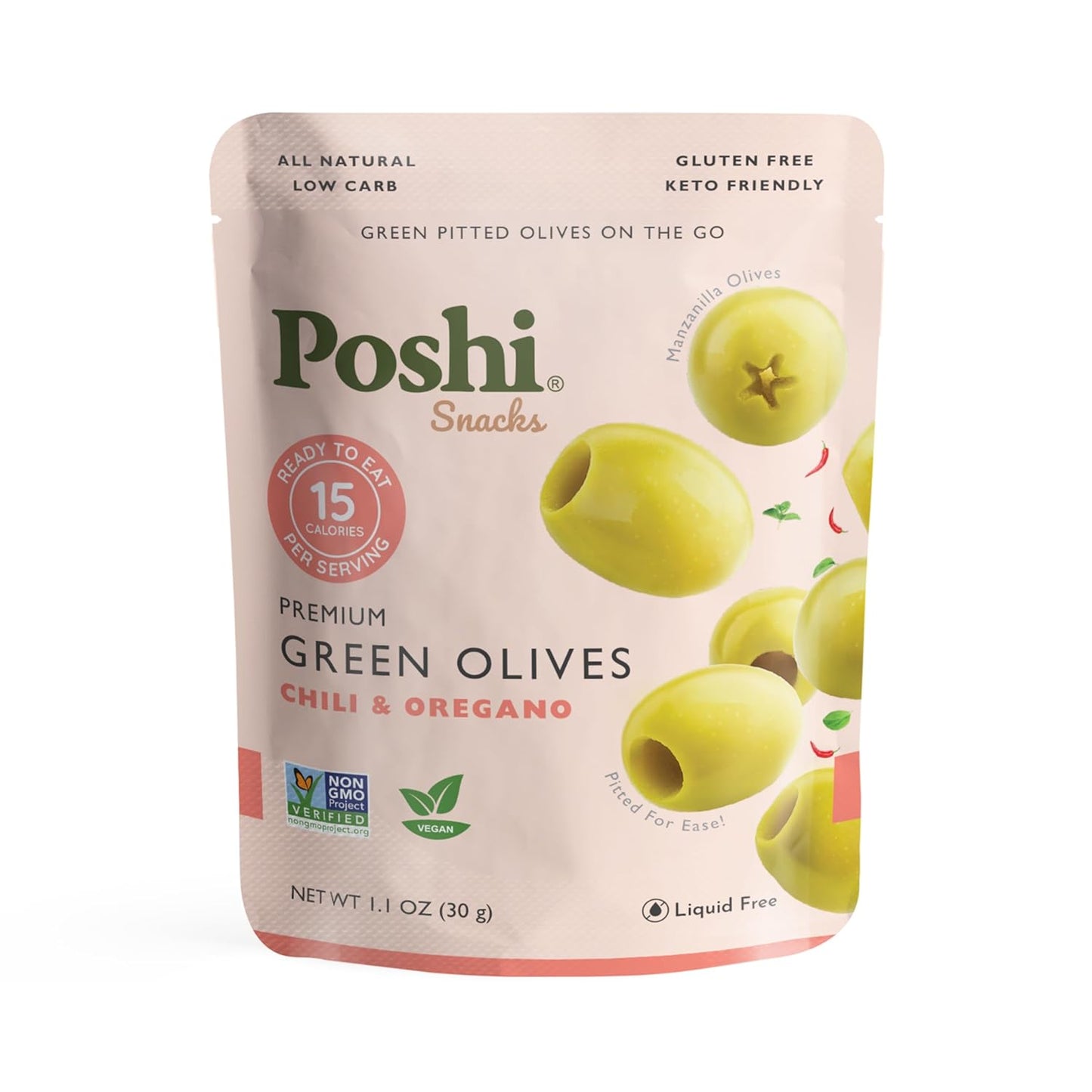 Poshi Green Pitted Olives with Chili & Oregano for Healthy Snacking