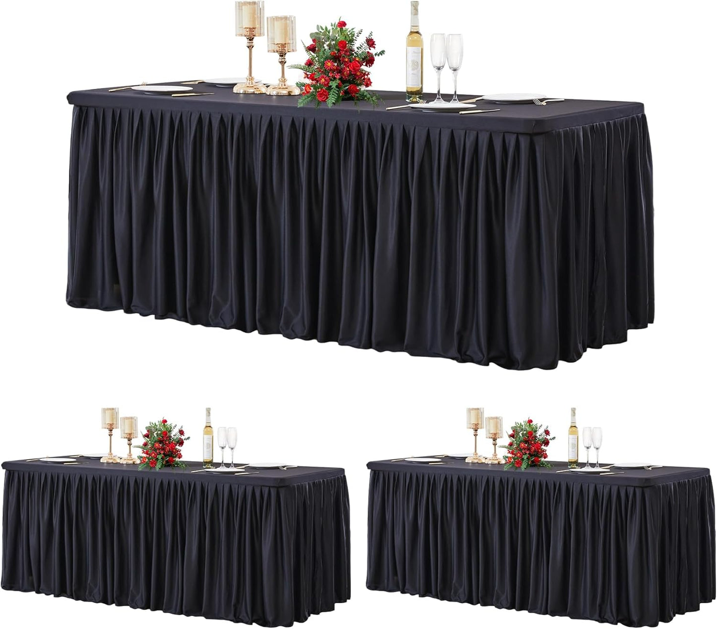 3 Pack Black Polyester Table Covers for 6 Foot Rectangle Tables