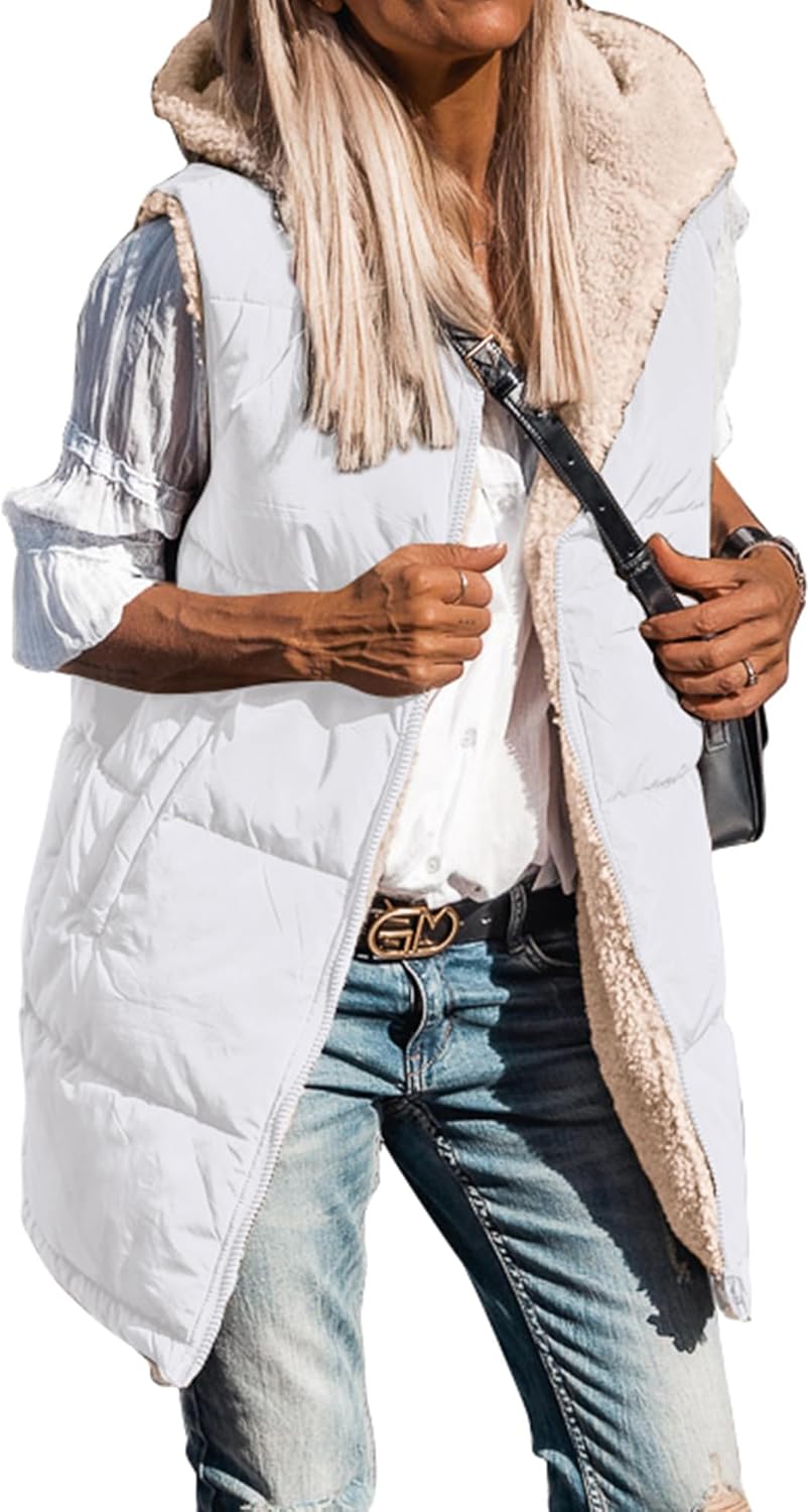 Long Puffer Vest for Women - Reversible Hooded Sherpa Jacket
