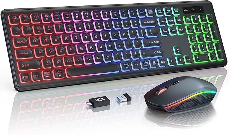 Wireless Keyboard and Mouse Combo - RGB Backlit Ergonomic Design
