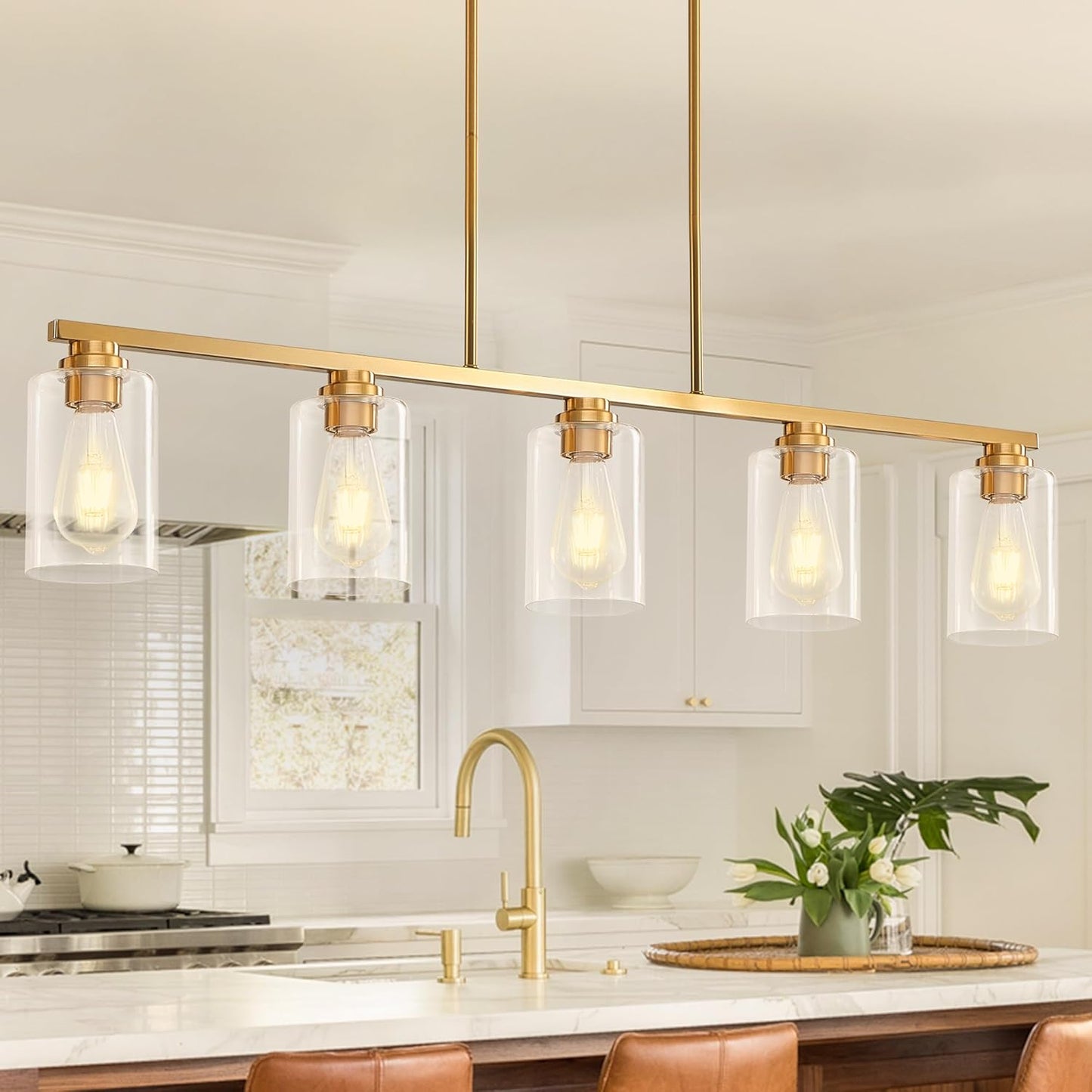Modern Brushed Gold 5-Light Linear Chandelier for Dining Room