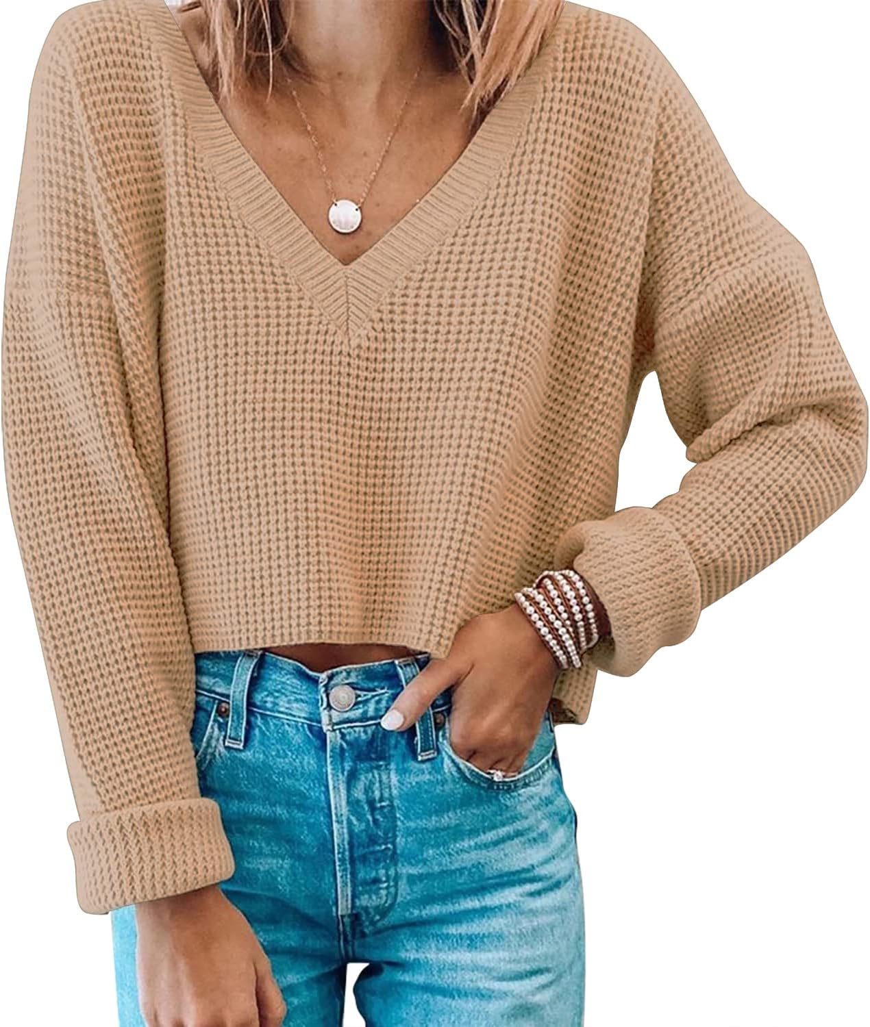 Waffle Knit Cropped Top for Women - Stylish Long Sleeve Pullover