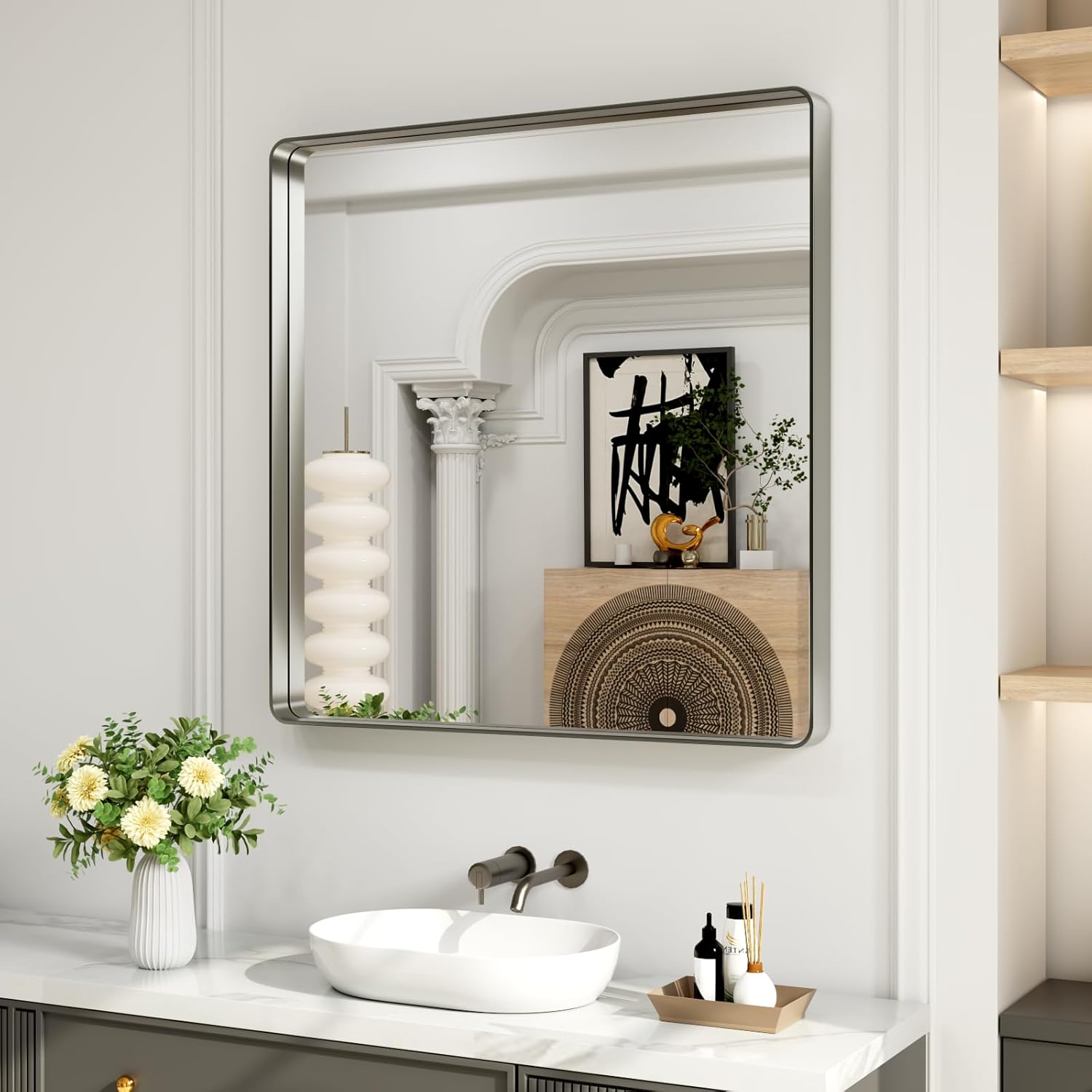 30X30 Inch Brushed Nickel Bathroom Mirror with Rounded Frame