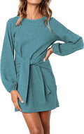 PRETTYGARDEN Fall Lantern Sleeve Short Dress - Tie Waist Mini