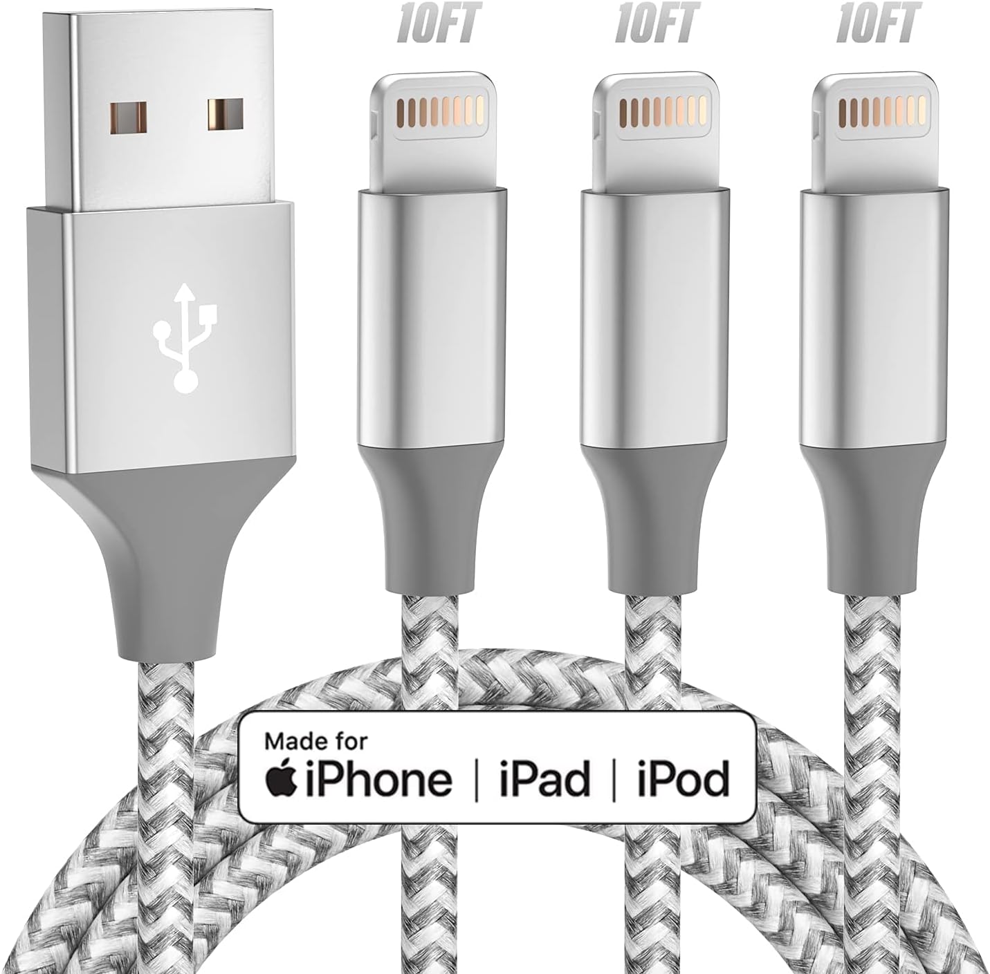 Fast Charge 10FT Apple MFi Lightning Cable 3-Pack