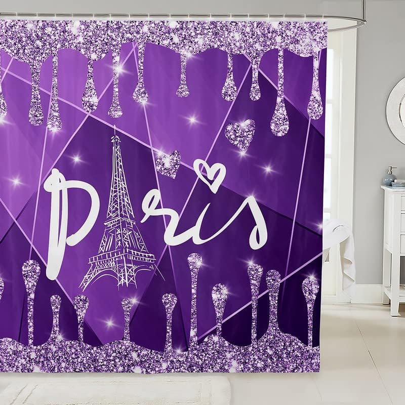 Glitter-Free Diamond Eiffel Tower Shower Curtain - Silver Purple Bath Gift 72x72