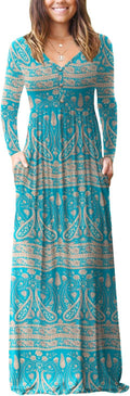 Womens Long Sleeve V Neck Maxi Dress with Pockets - Casual Fit