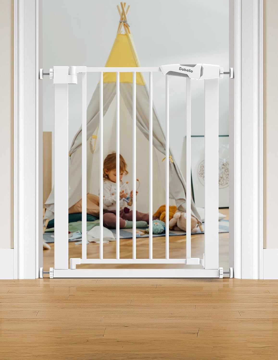 BABELIO Easy Install Baby Gate - No Drilling, Auto-Close, White