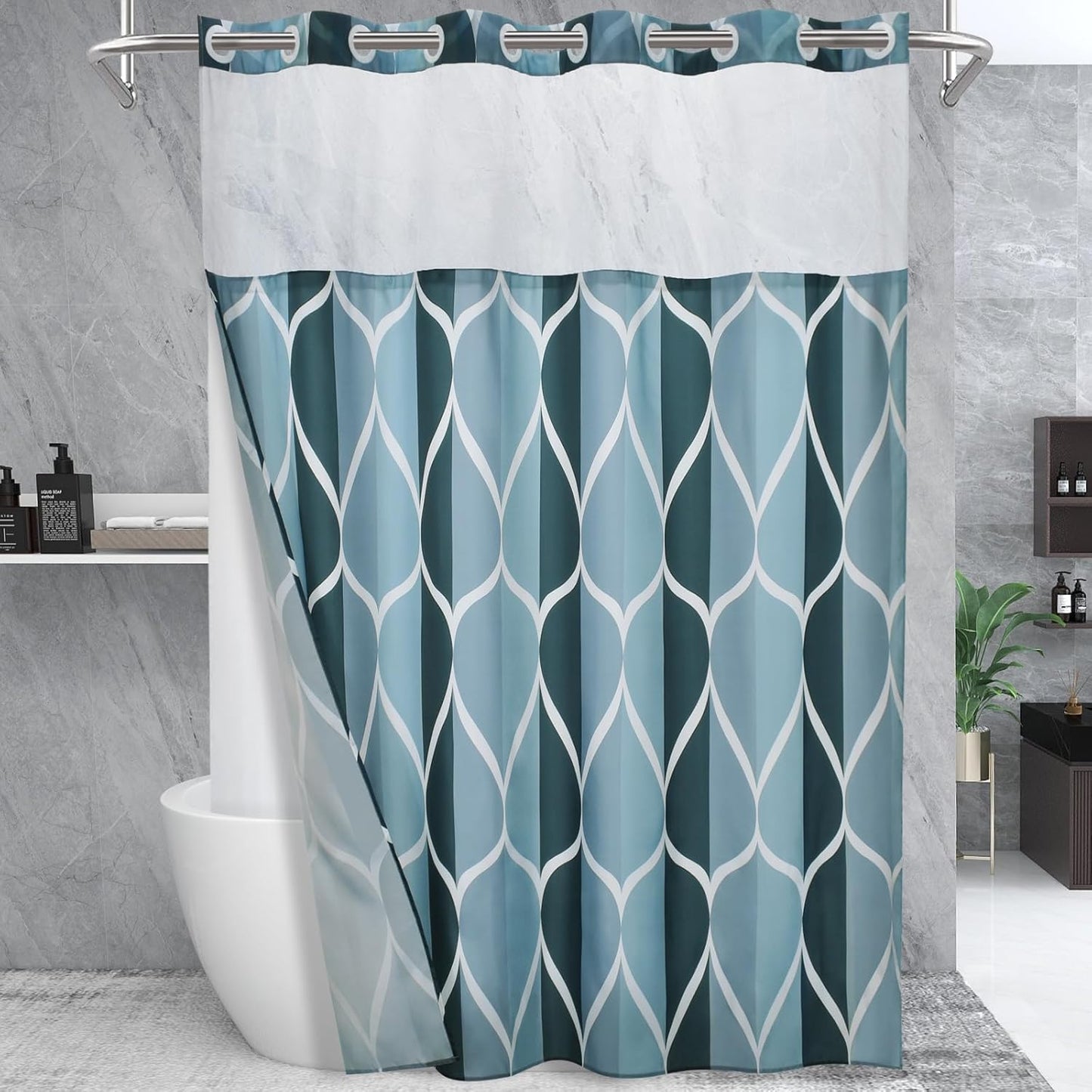 No Hook Aegean Blue Long Shower Curtain with Modern Design