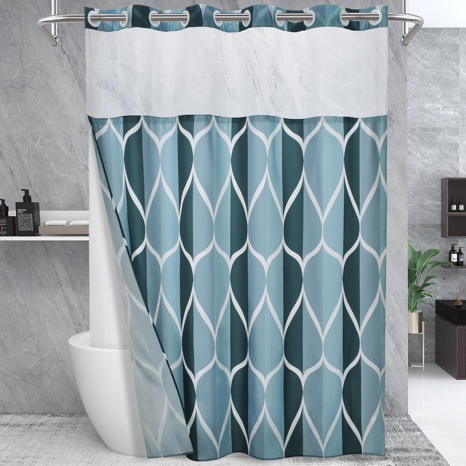 No Hook Aegean Blue Long Shower Curtain with Modern Design