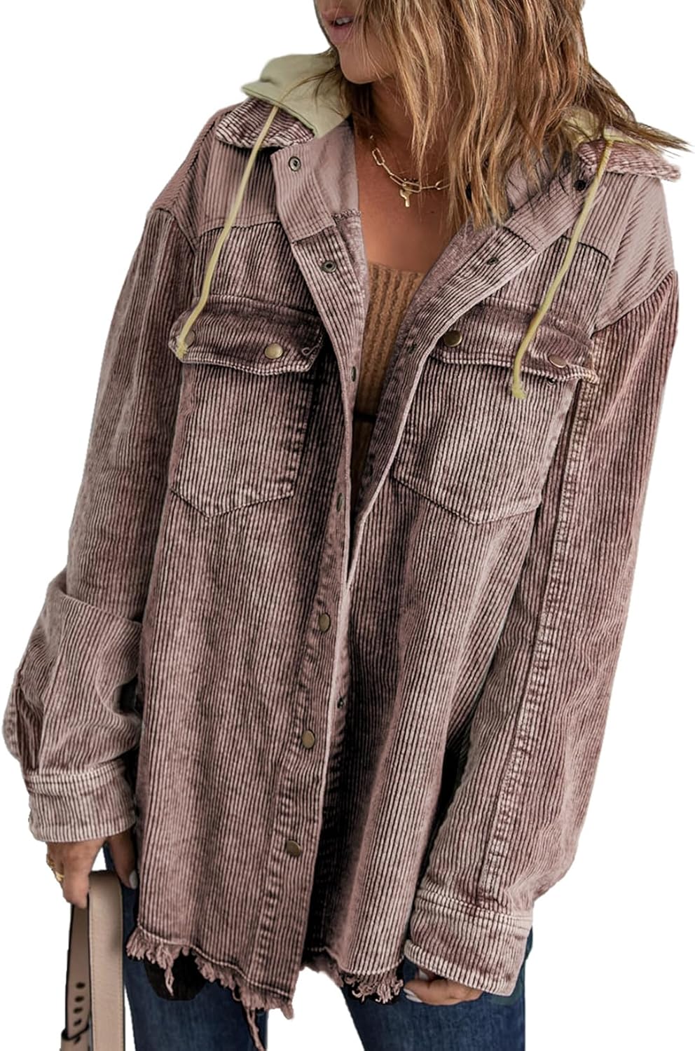 Dokotoo Womens Fall Corduroy Shacket Jacket with Hood and Pockets
