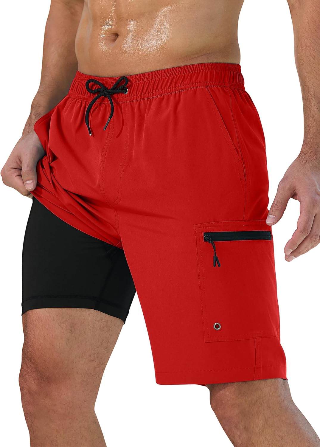 Mens Swim Trunks with Compression Liner and Zipper Pockets