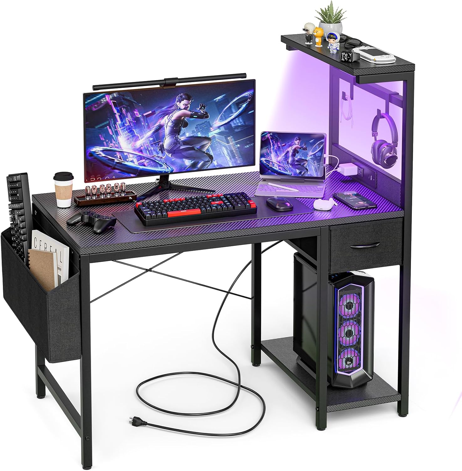 Gaming Desk 47 Inch with Power Outlet and LED Light Features