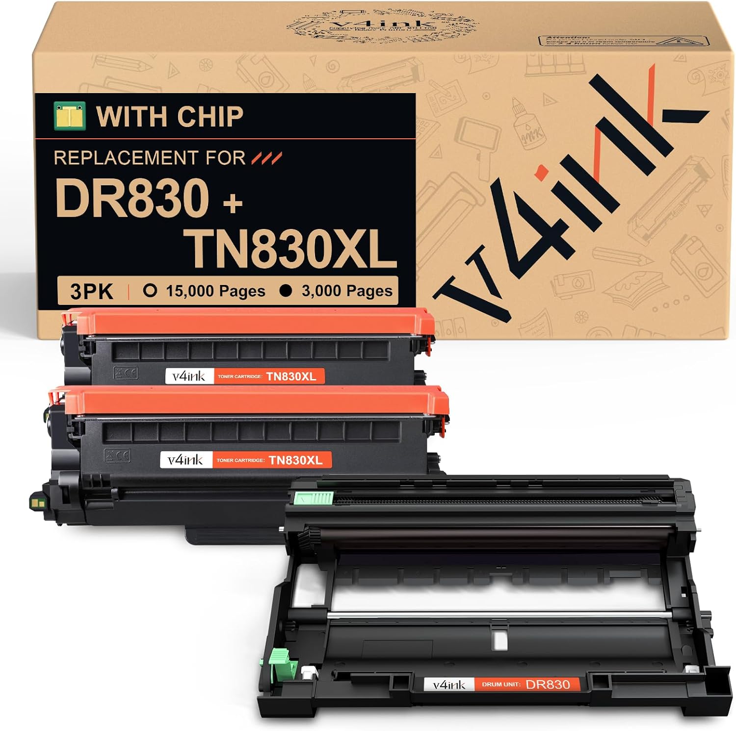 v4ink TN830XL DR830 Replacement Toner and Drum Combo Set