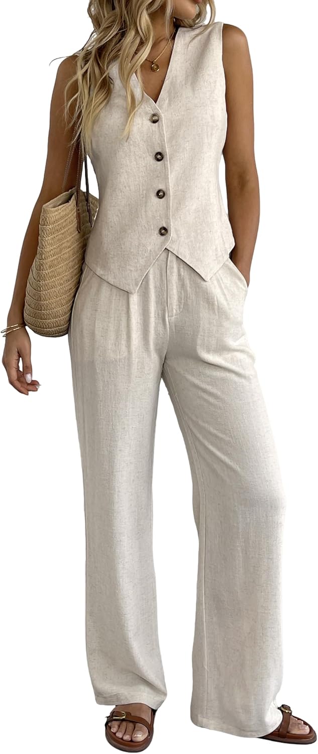 Stylish Women's 2 Piece Outfits Linen Vest and Wide Leg Pants