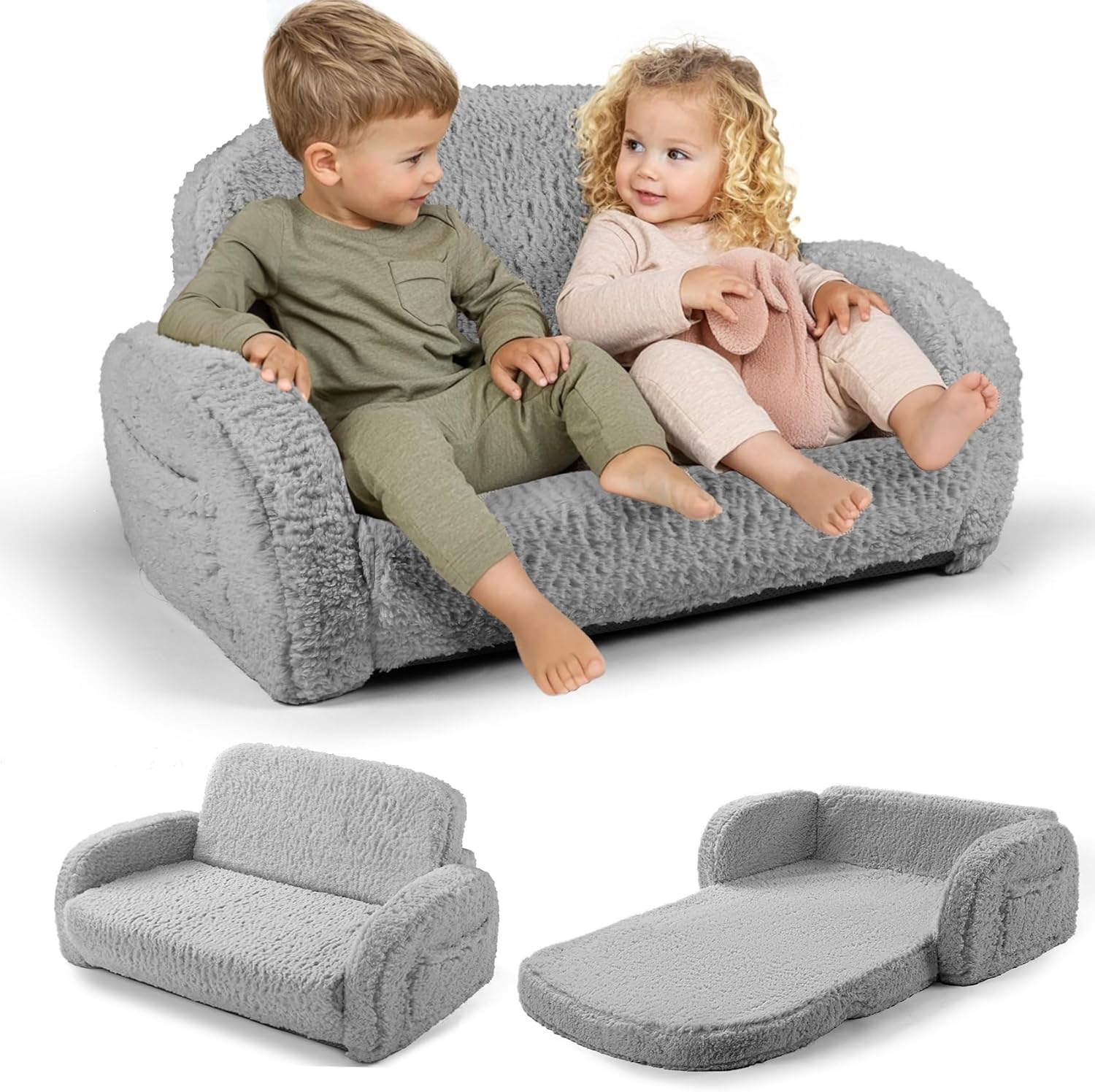 2-in-1 Sherpa Fold Out Kids Couch for Comfy Toddler Fun