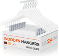 HOUSE DAY Wooden Hangers with Clips 24 Pack - Heavy Duty White Wood