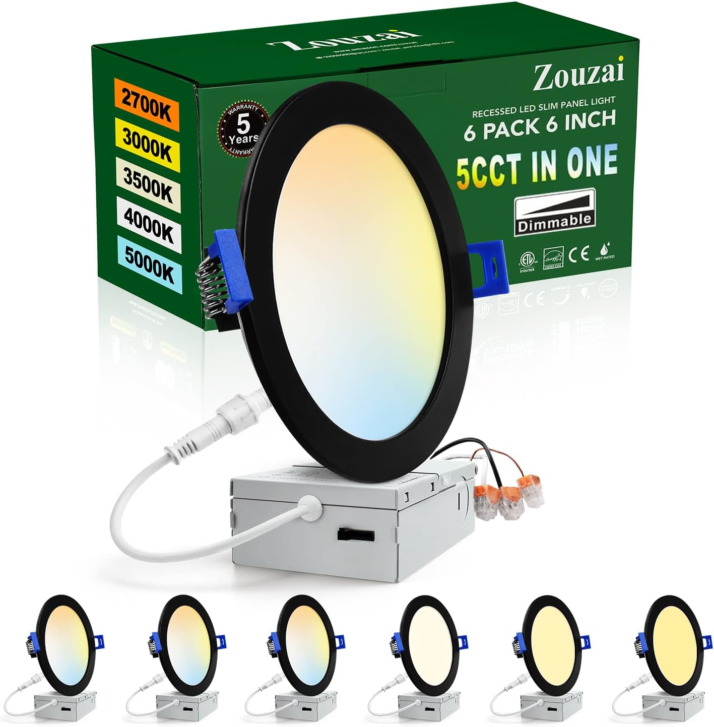 Zouzai 6 Inch Ultra-Thin LED Recessed Ceiling Light 5CCT
