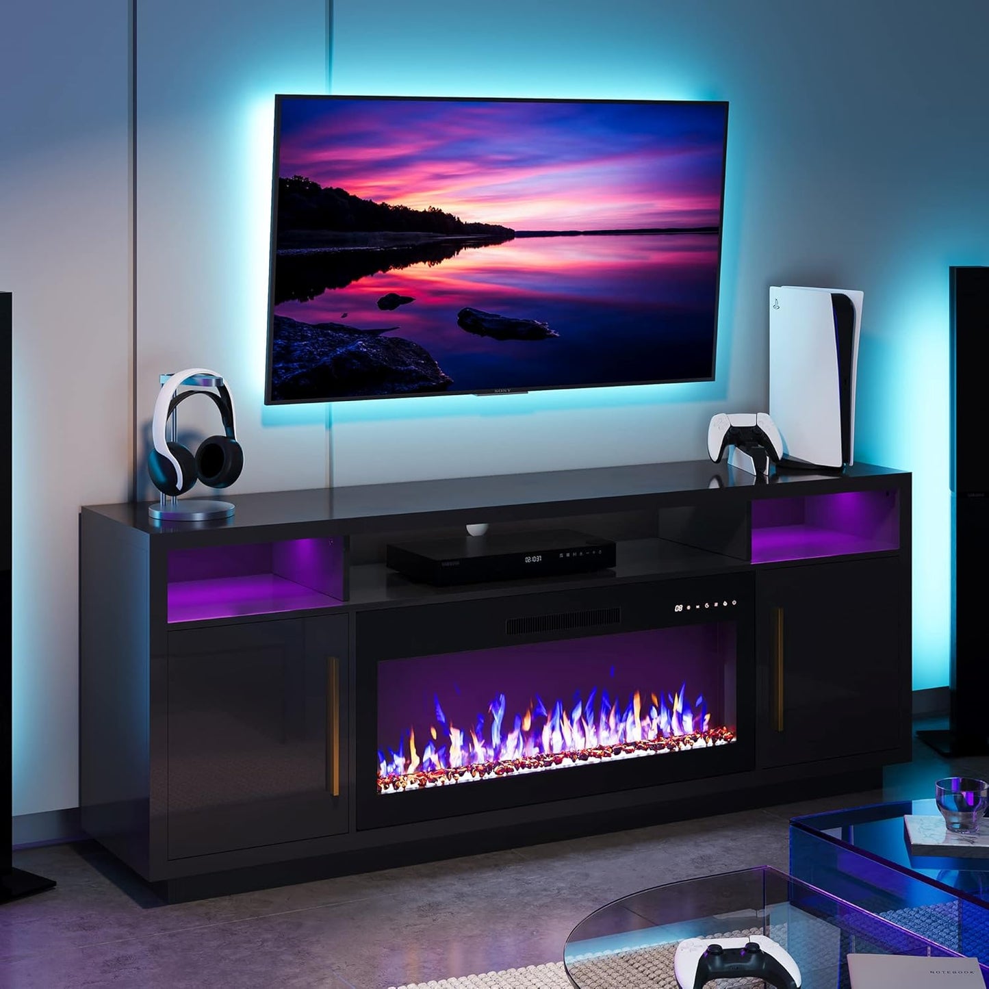 Modern 70 Fireplace TV Stand w/ Electric Heater & Storage - Avenue Black