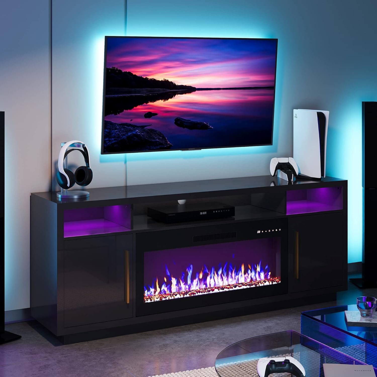 Modern 70 Fireplace TV Stand w/ Electric Heater & Storage - Avenue Black