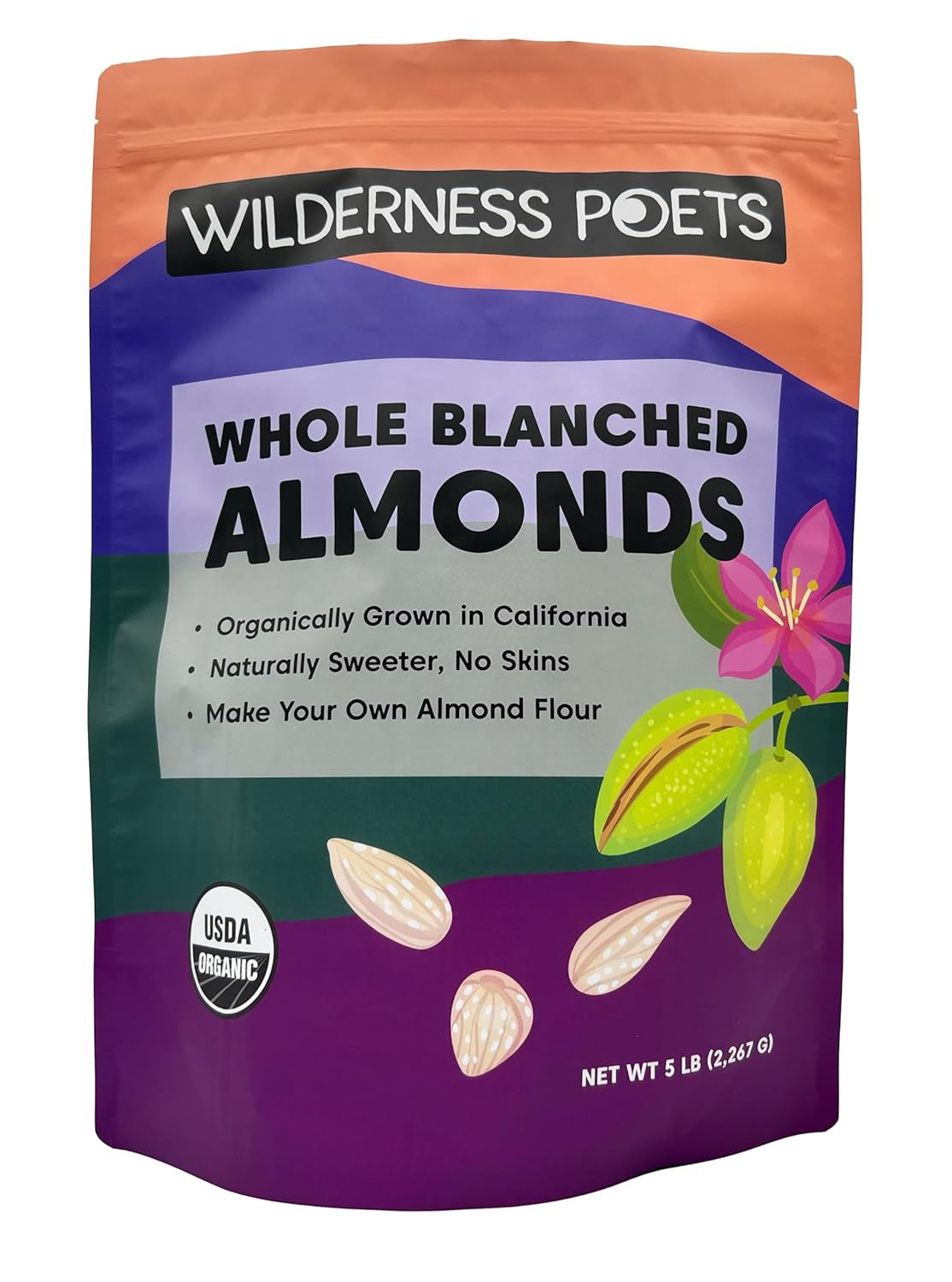Organic Blanched Almonds - Whole California-Grown Nuts 5 Pound
