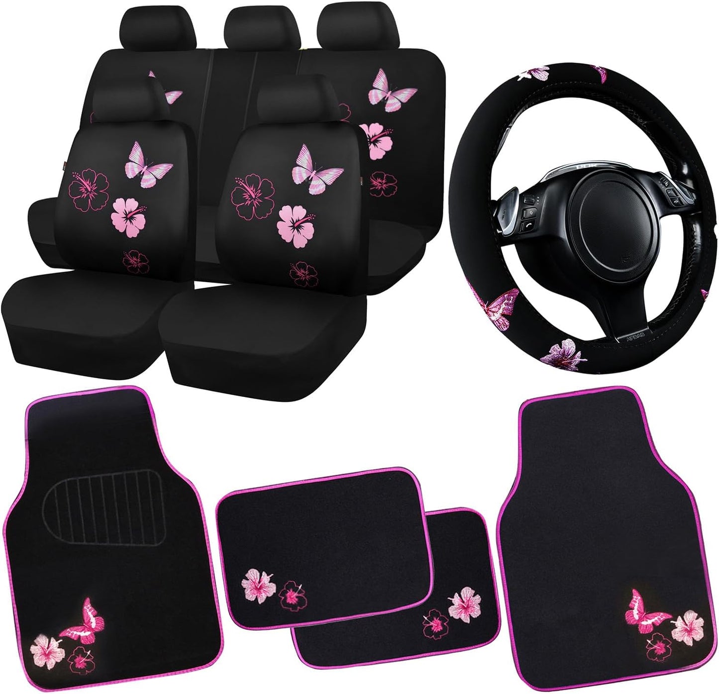 Butterfly Car Seat Covers Full Set with Floor Mats and Wheel Cover