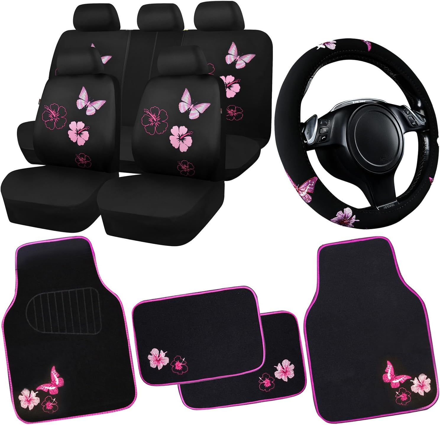 Butterfly Car Seat Covers Full Set with Floor Mats and Wheel Cover
