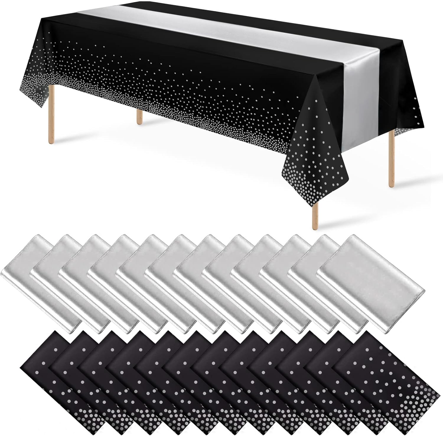 24Pack Disposable Plastic Tablecloths and Satin Table Runner Set
