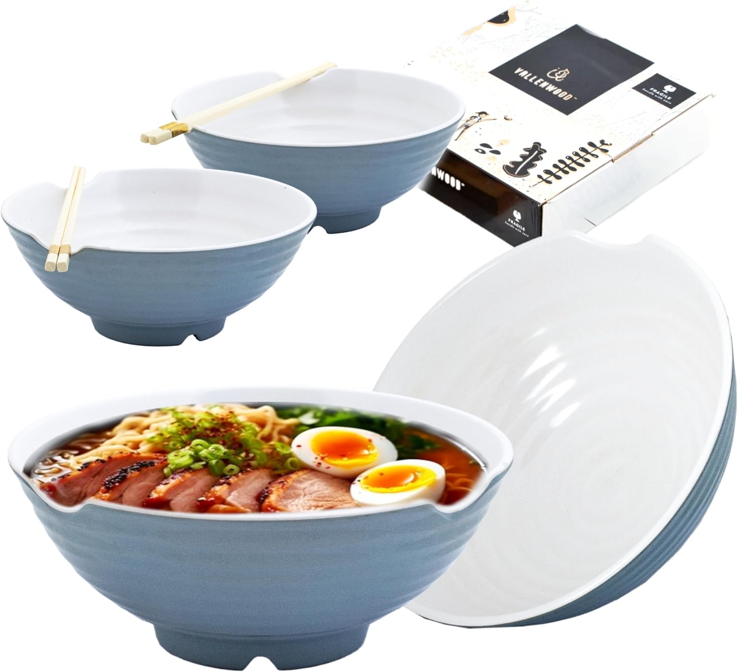 4 XL Gray White Bowl Set for Ramen, Soup, and Noodles