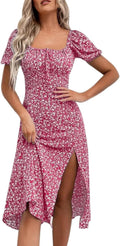 Floral Summer Casual Dress Square Neck Puff Sleeve Boho Midi